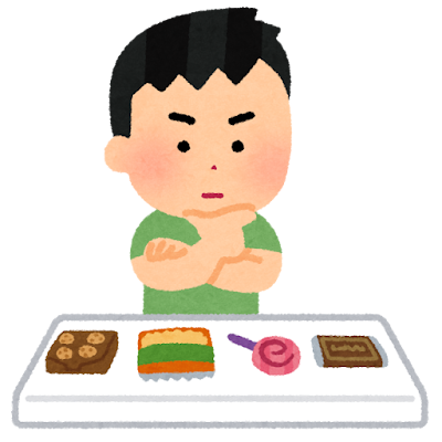 An illustration of a boy wondering which Japanese snack to eat while reading manga.　漫画を読みながら、どのお菓子を食べようか悩んでいる男の子のイラスト。
